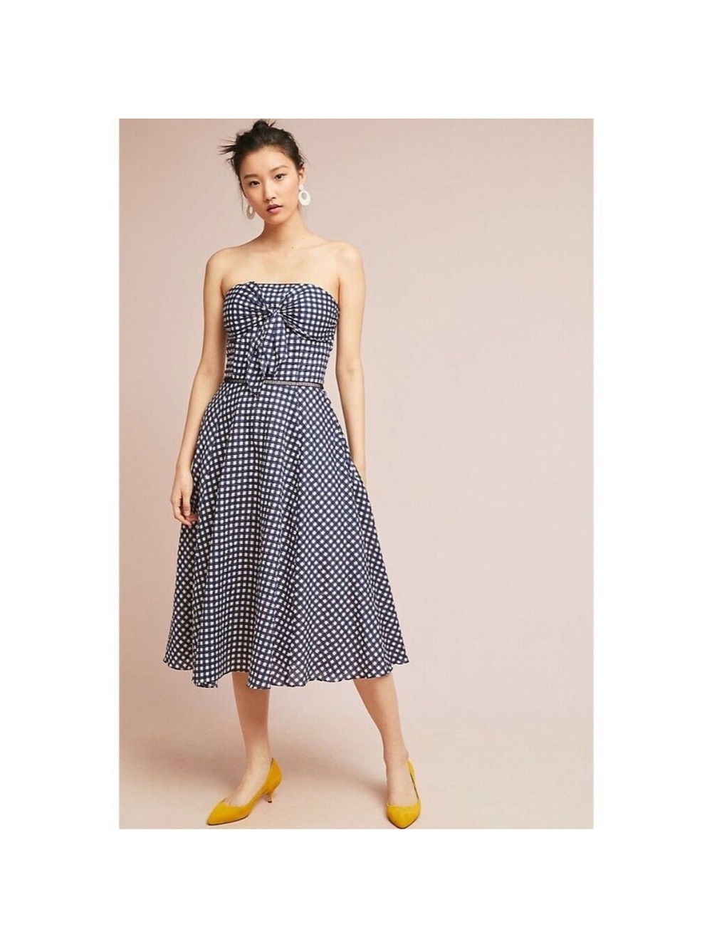 Shoshanna Navy Gingham Strapless Midi Dress Anthropologie